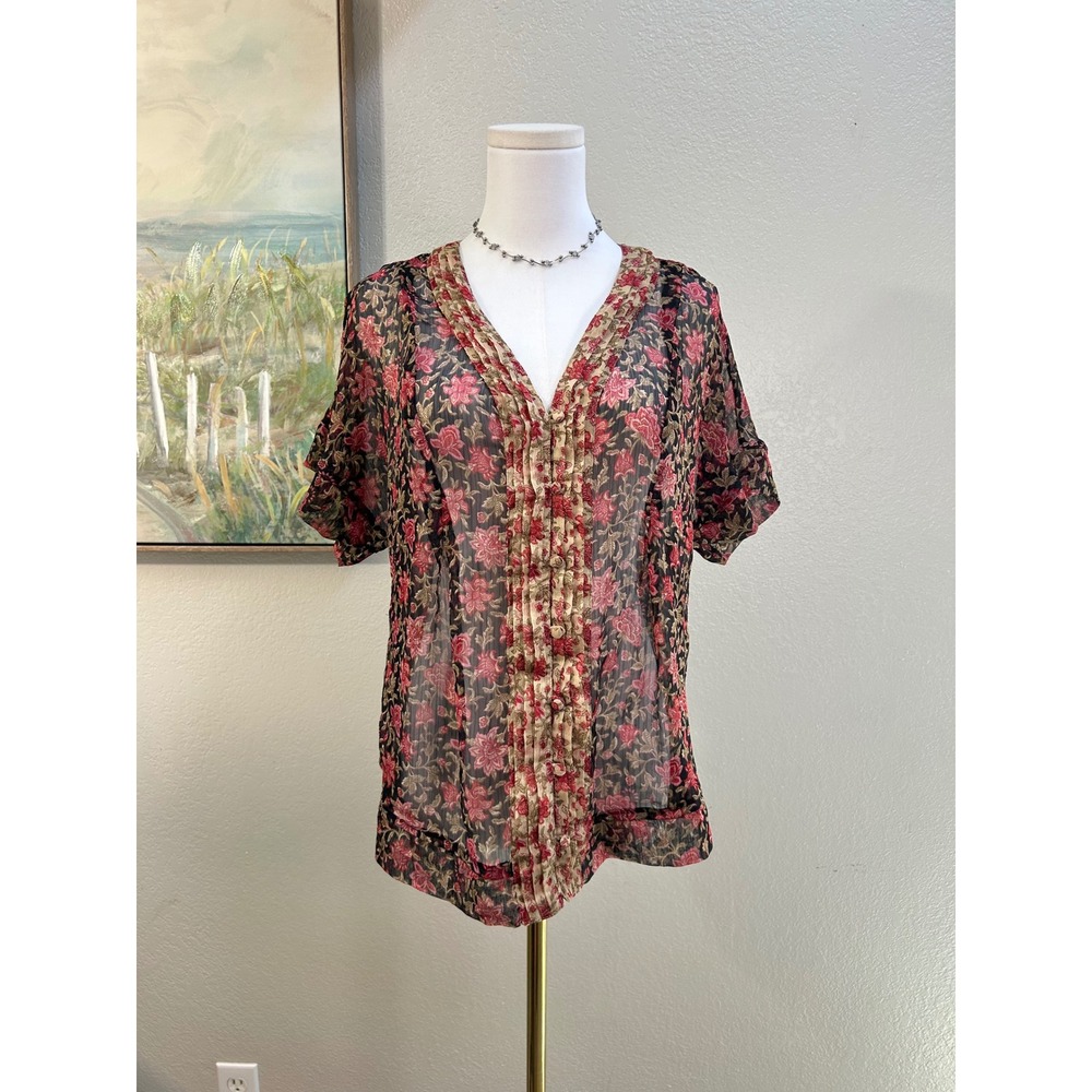 Converse‎ One Star Sheer Floral Ruffle Button Front Blouse Red Tan XS